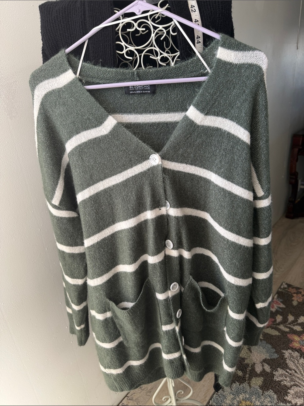 Bloomchic Sz 14/16 Striped Green & White Button Cardigan Sweater